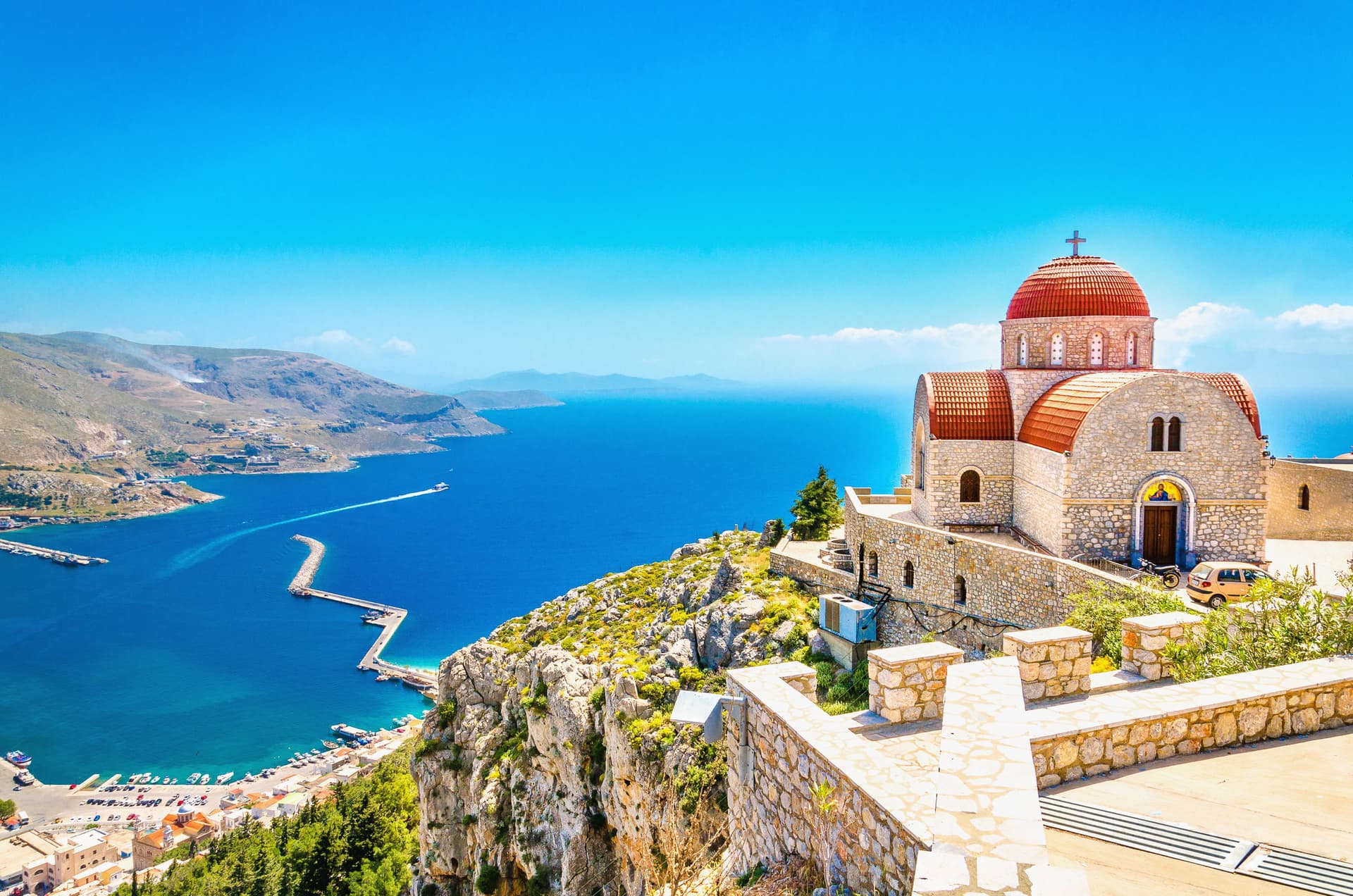 symi rhodes greece church above the water